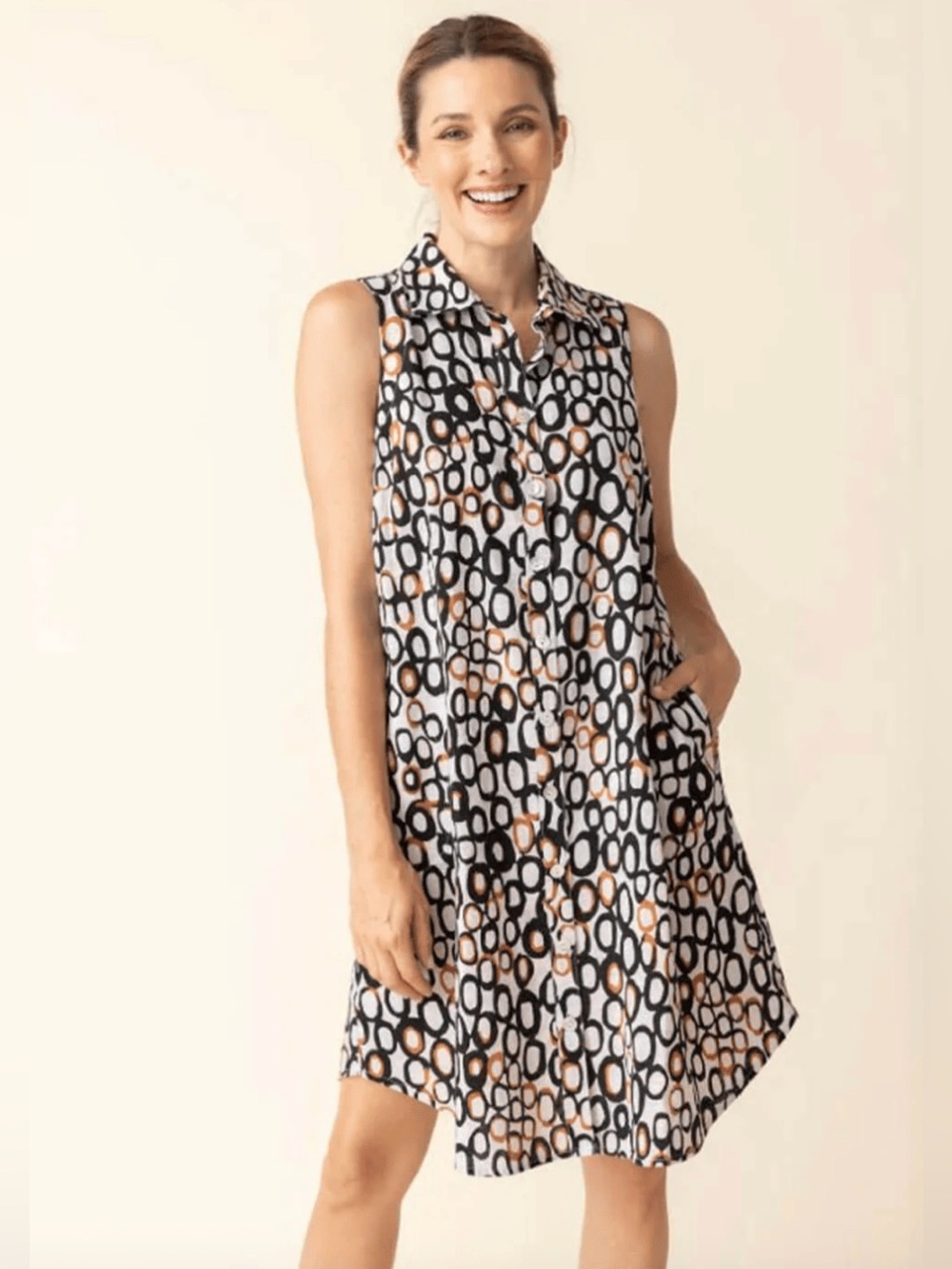 New Habitat Sz Sm Geometric Linen Inner Circle Sleeveless Shirt Dress